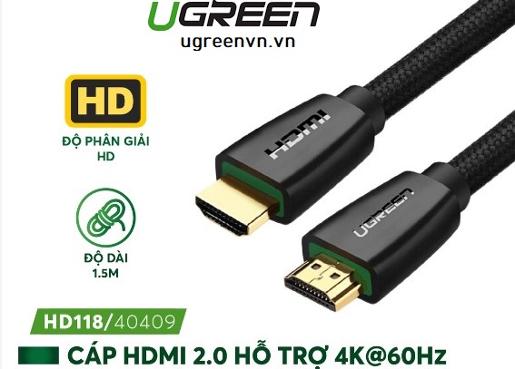 Cáp HDMI 2.0 dài 1,5m hỗ trợ full HD 4Kx2K chính hãng Ugreen 40409 cao cấp